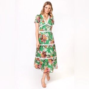 Adelyn Rae Lian Jacquard Printed Midi Dress Kelly Green Floral Tropical Boho M